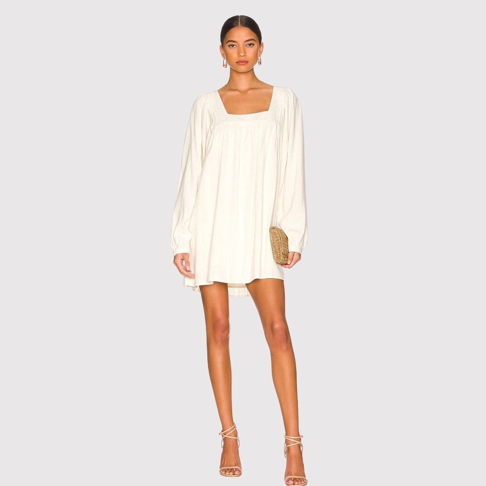 Sancia Mini Dress Cream The Mayson Square Neck Shift Linen Long Sleeve Large